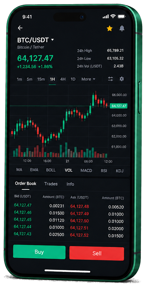 Interface mobile de trading Zélancia — cotations BTC/USDT en direct, carnet d’ordres et outils de suivi des opérations